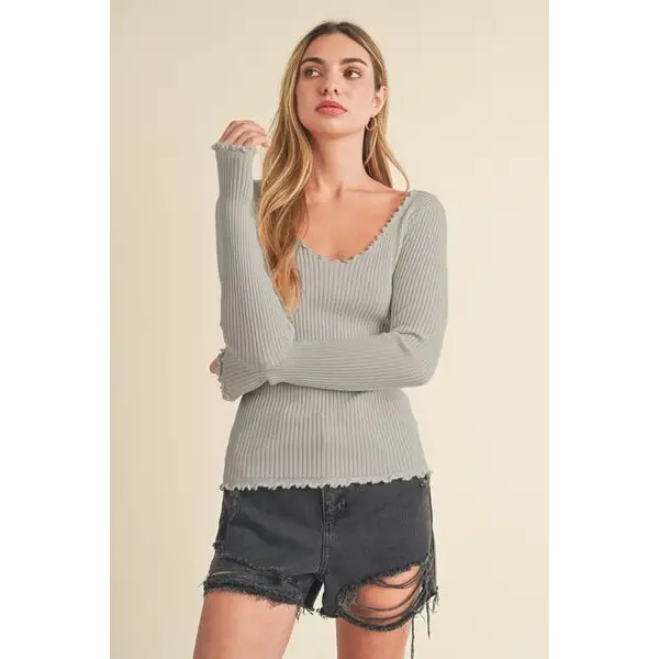 Lettuce Hem Scoop Neck Long Sleeve Knit Top.
