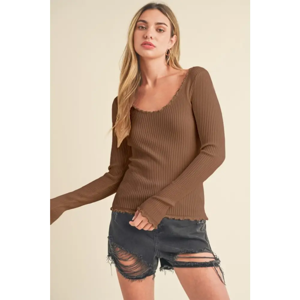 Lettuce Hem Scoop Neck Long Sleeve Knit Top.