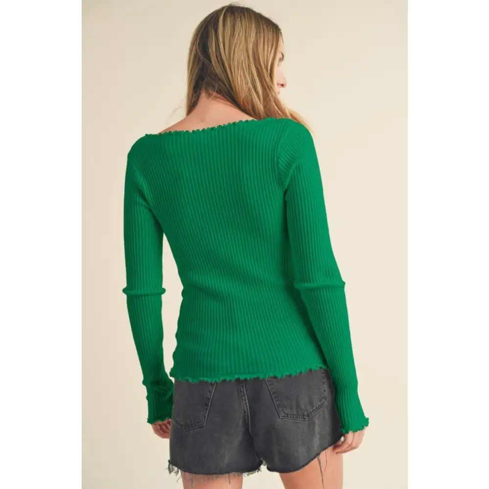 Lettuce Hem Scoop Neck Long Sleeve Knit Top.