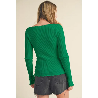 Lettuce Hem Scoop Neck Long Sleeve Knit Top.