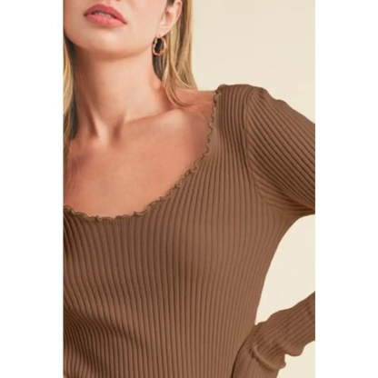 Lettuce Hem Scoop Neck Long Sleeve Knit Top.