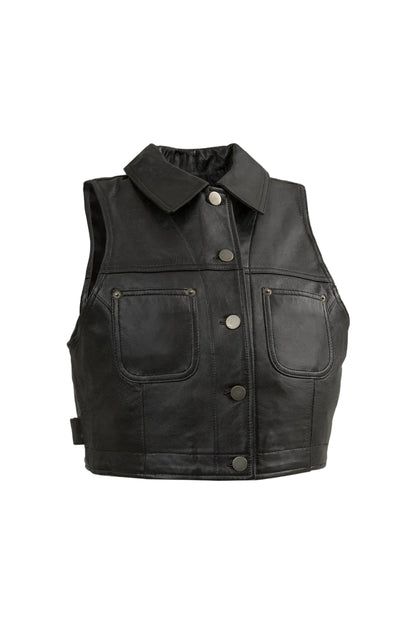 Black leather vest with button details on a light gray background