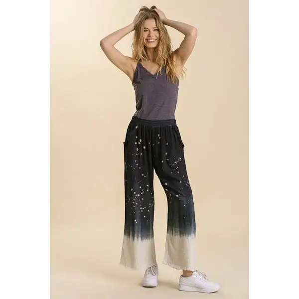 Linen Blend Bleach Dip Dye Wide Leg Pants.