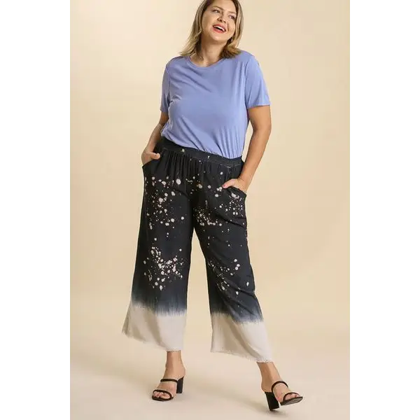 Linen Blend Bleach Dip Dye Wide Leg Pants.
