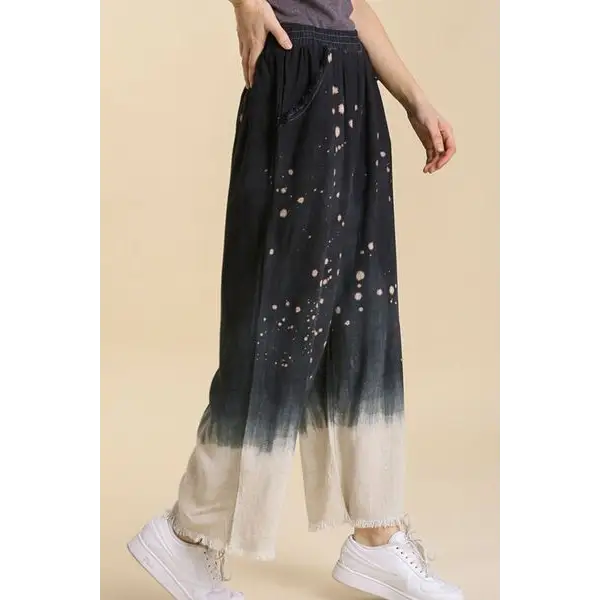 Linen Blend Bleach Dip Dye Wide Leg Pants.