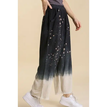Linen Blend Bleach Dip Dye Wide Leg Pants.