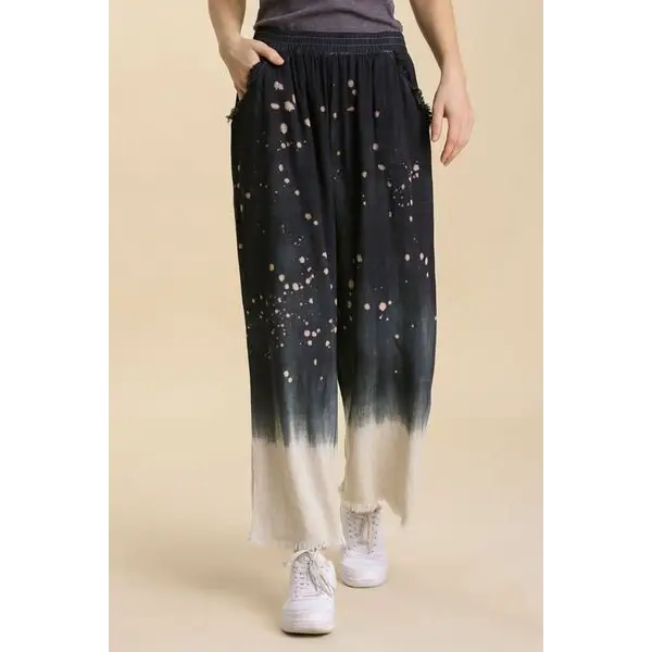 Linen Blend Bleach Dip Dye Wide Leg Pants.