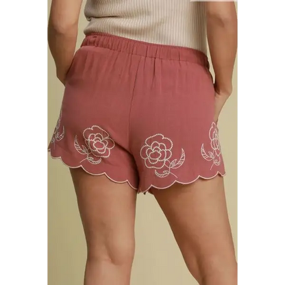 Linen Blend Shorts with Floral Embroidered Details.