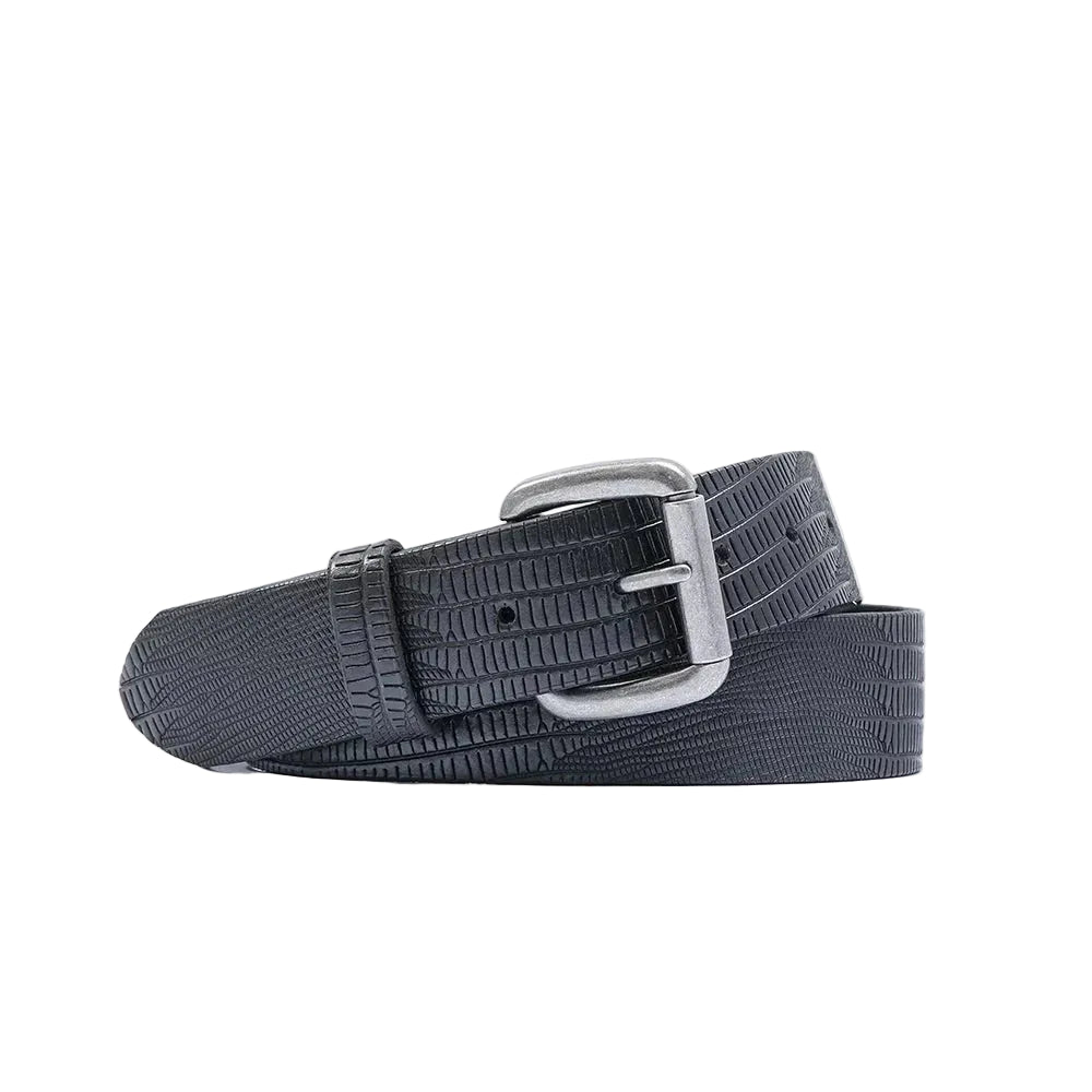 A black textured leather belt with a silver-tone metal buckle, coiled on a clean white background.