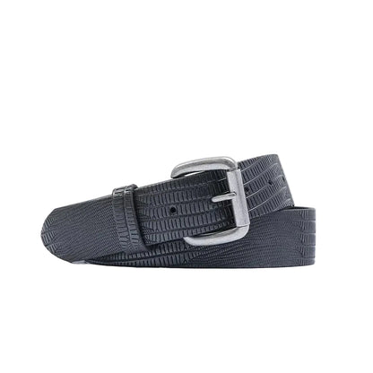 A black textured leather belt with a silver-tone metal buckle, coiled on a clean white background.