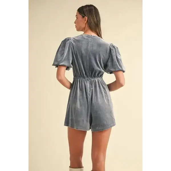 Mable Jewel Bow Decor Puff Sleeve Velvet Romper.