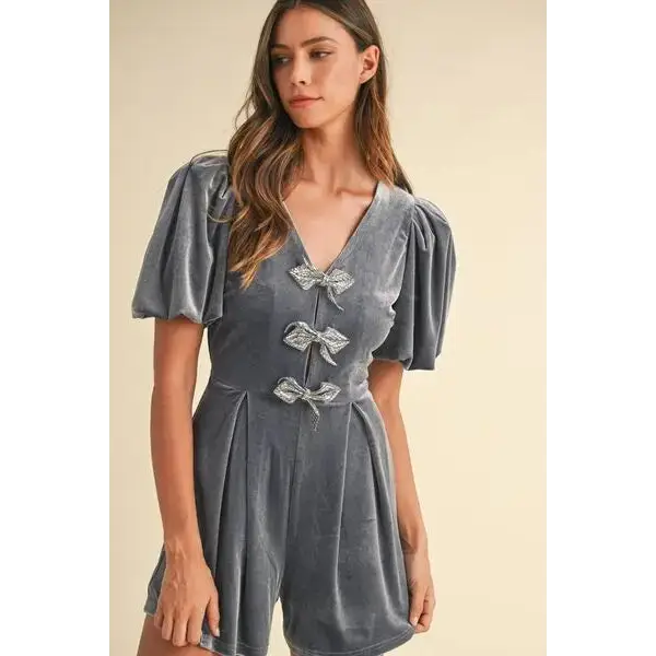 Mable Jewel Bow Decor Puff Sleeve Velvet Romper.