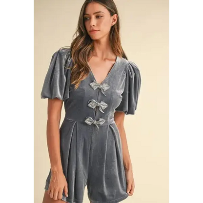 Mable Jewel Bow Decor Puff Sleeve Velvet Romper.