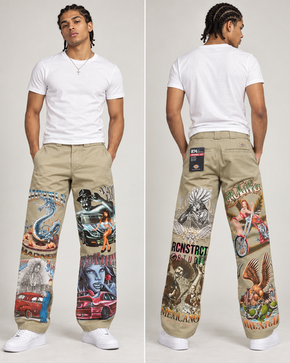 A model shown from the front and back wearing beige wide-leg pants with highly detailed, colorful pop-culture and automotive graphic prints, paired with a white t-shirt and white sneakers against a light gray studio background.