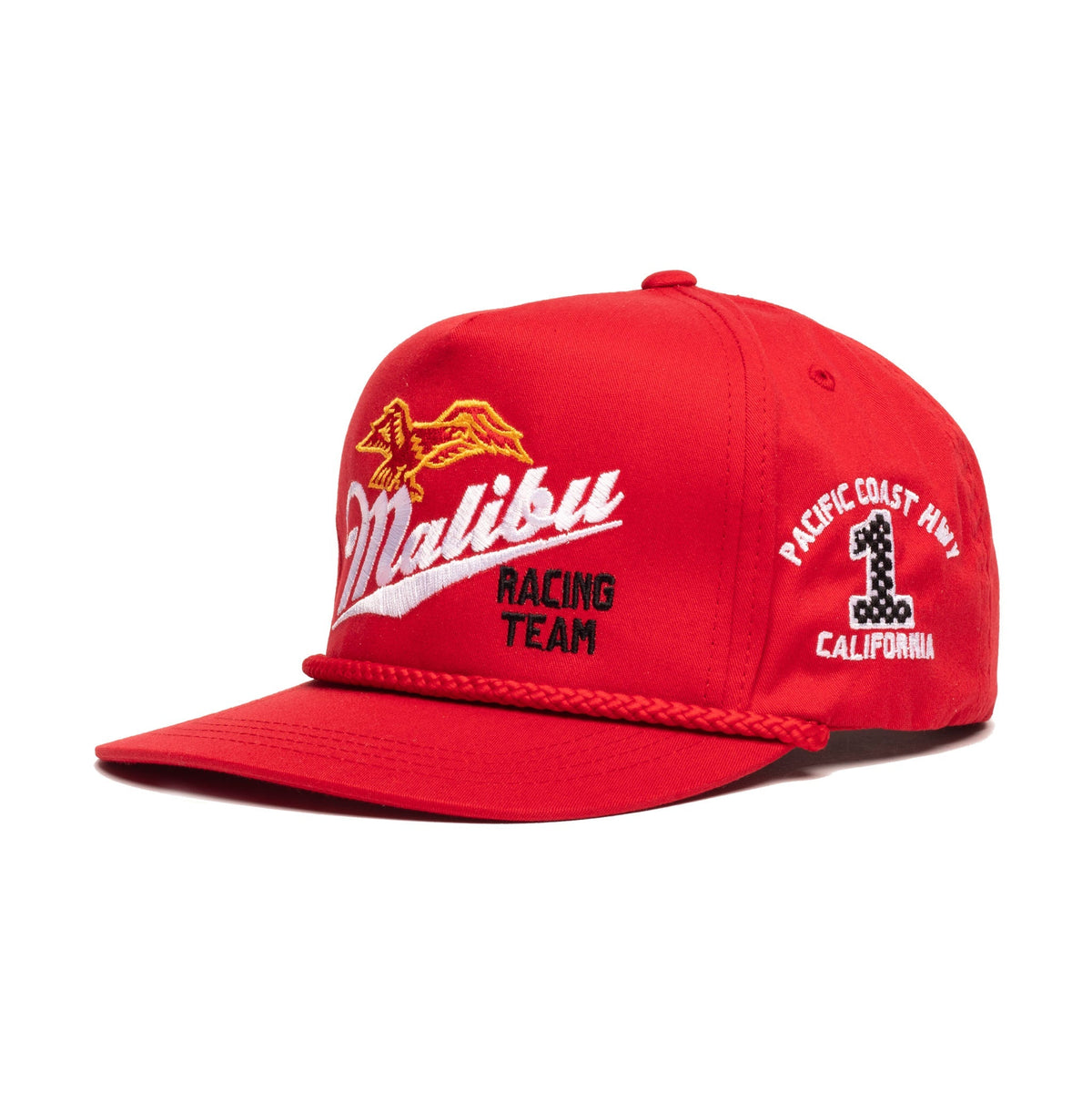 Red cap with Malibu Racing Team and Pacific Coast Hwy branding on a white background