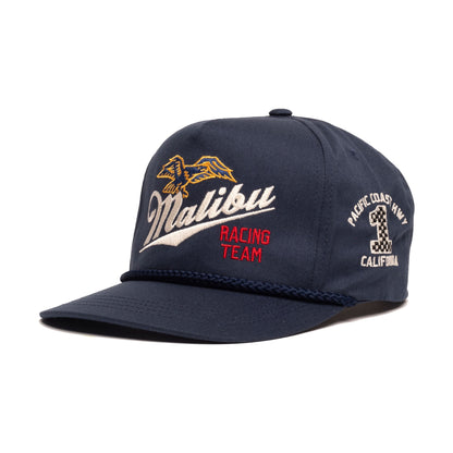 Navy blue cap with 'Malibu Racing Team' text and logo on a white background