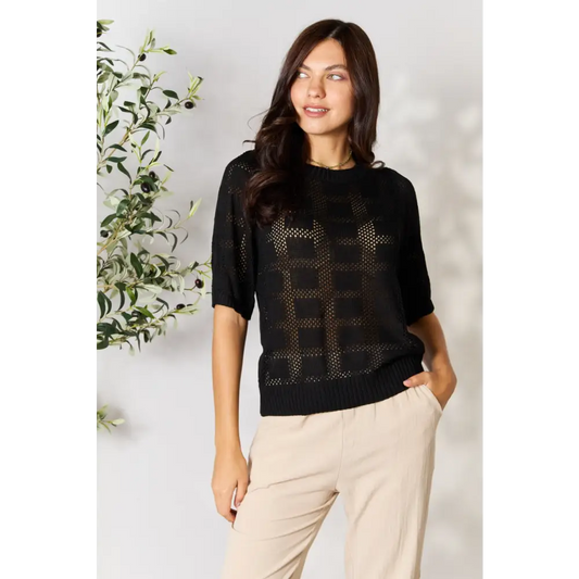 Mandy Ribbed Trim Round Neck Knit Top.