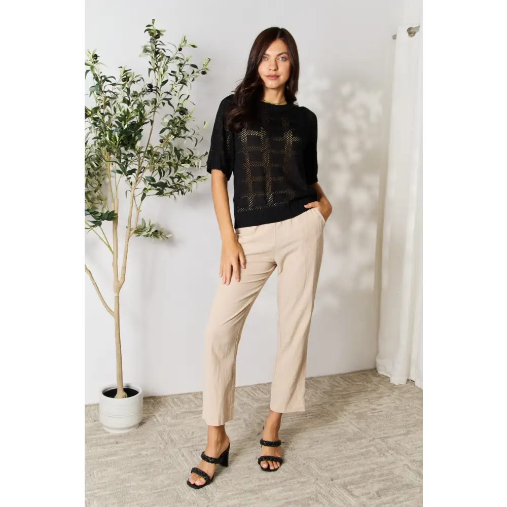 Mandy Ribbed Trim Round Neck Knit Top.