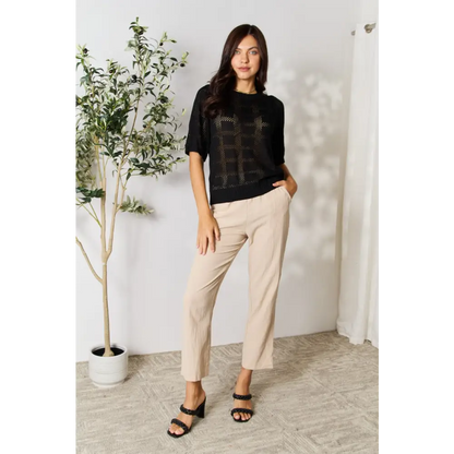 Mandy Ribbed Trim Round Neck Knit Top.