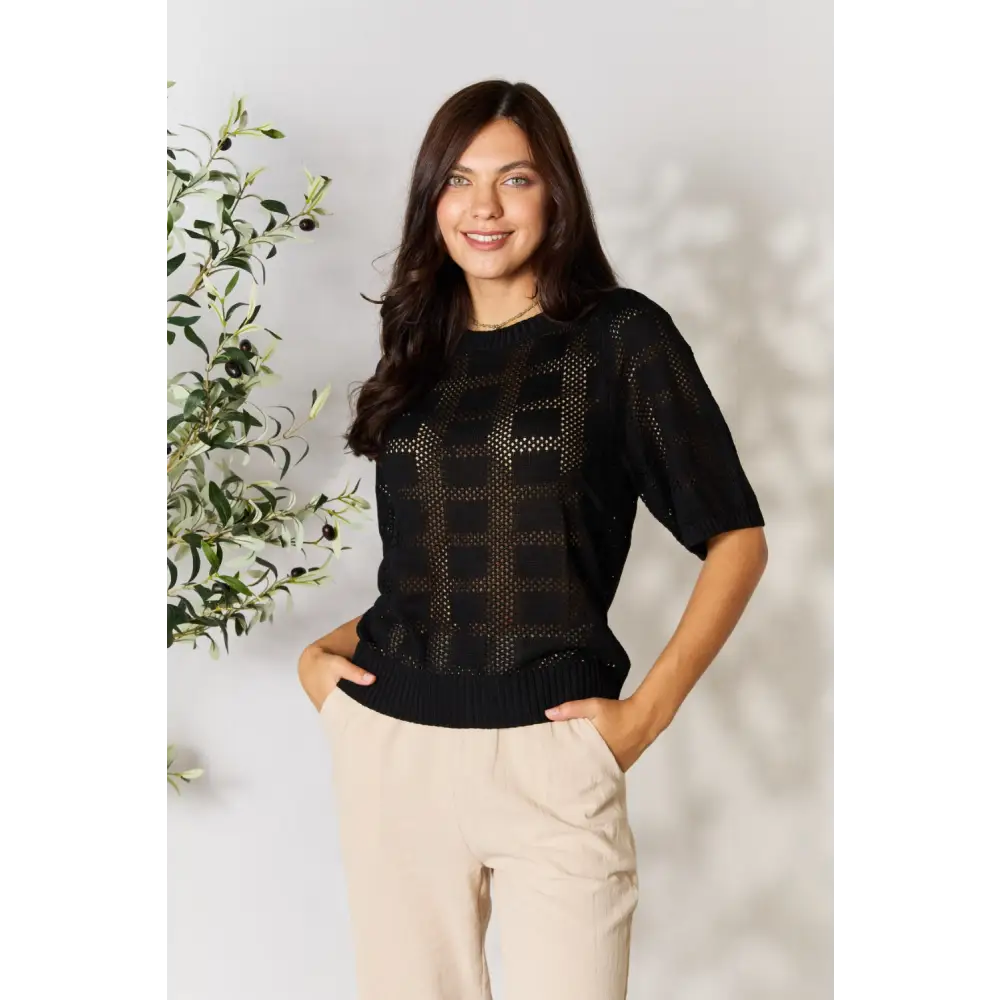Mandy Ribbed Trim Round Neck Knit Top.