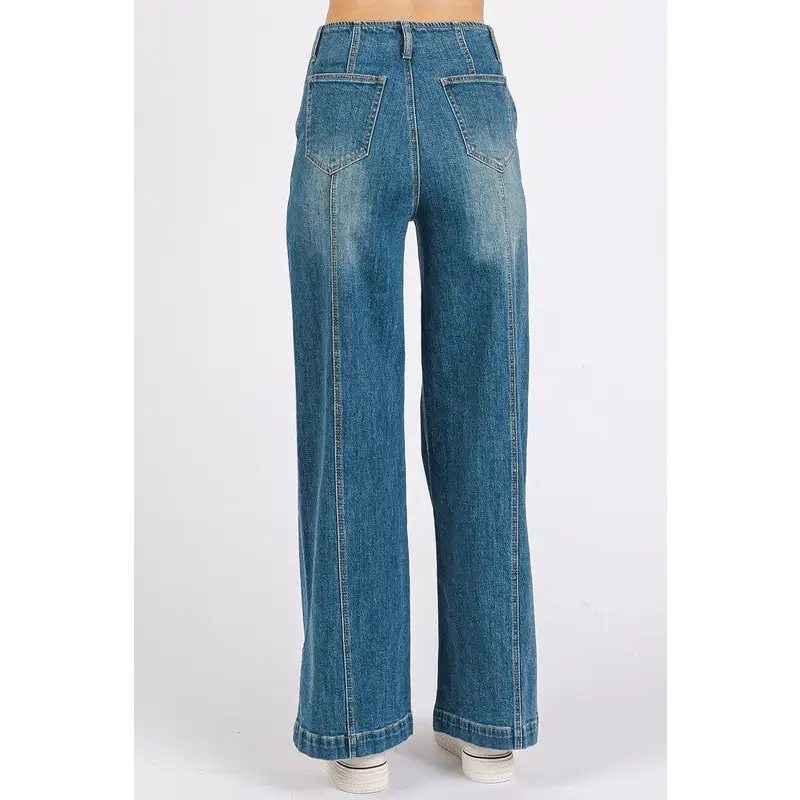 Medium Wash Seam Detail Wide Leg Denim Jeans.