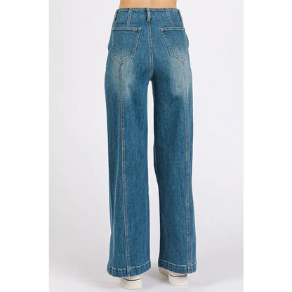 Medium Wash Seam Detail Wide Leg Denim Jeans.