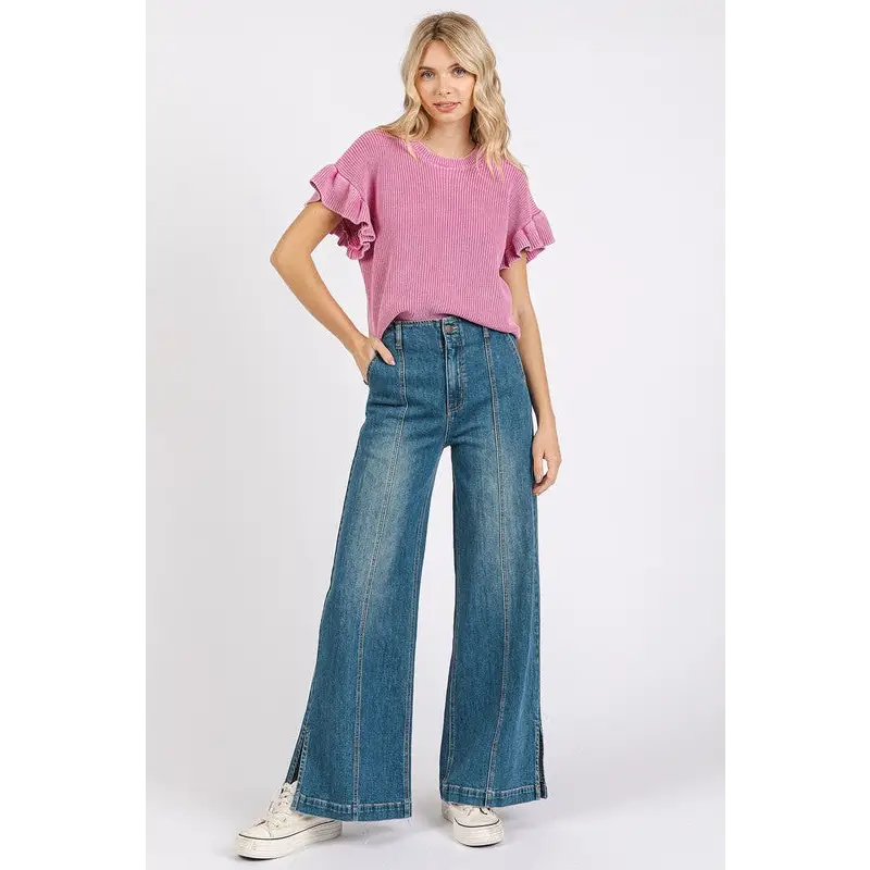 Medium Wash Seam Detail Wide Leg Denim Jeans.