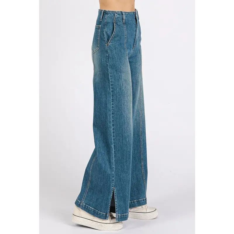 Medium Wash Seam Detail Wide Leg Denim Jeans.