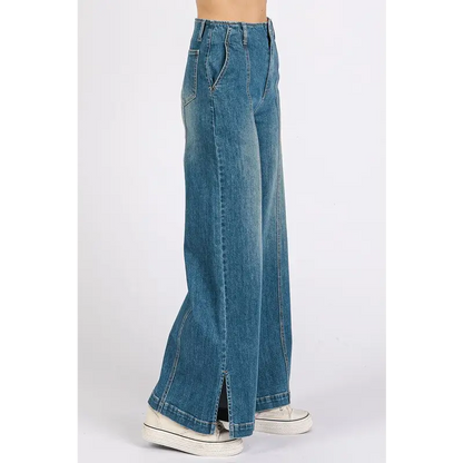Medium Wash Seam Detail Wide Leg Denim Jeans.