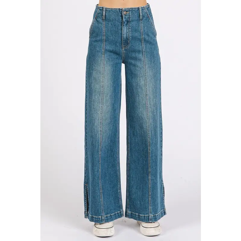 Medium Wash Seam Detail Wide Leg Denim Jeans.