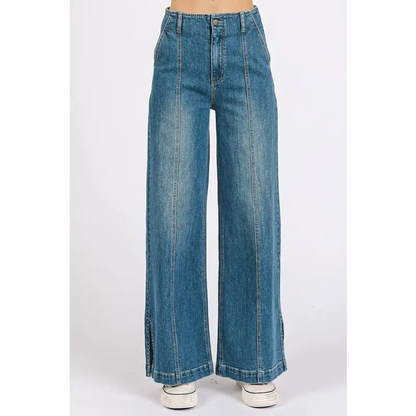 Medium Wash Seam Detail Wide Leg Denim Jeans.