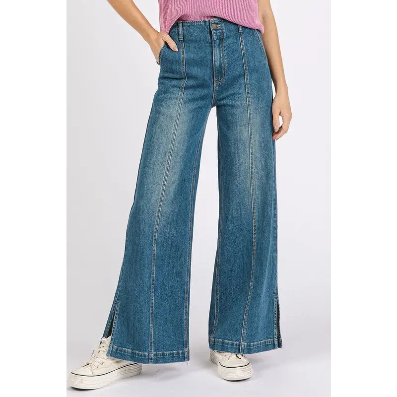 Medium Wash Seam Detail Wide Leg Denim Jeans.