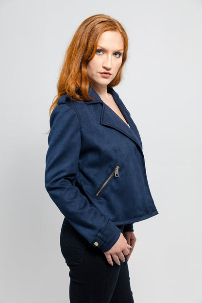 Women's navy faux suede draped jacket side view with zip pocket | KRIFFA