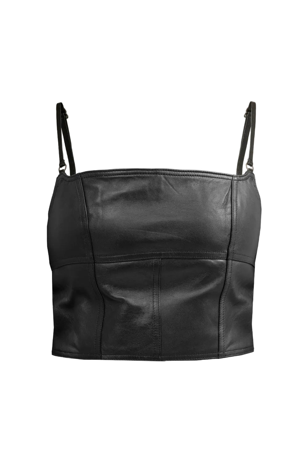 A black faux-leather cropped camisole top with thin shoulder straps, displayed against a light gray background.