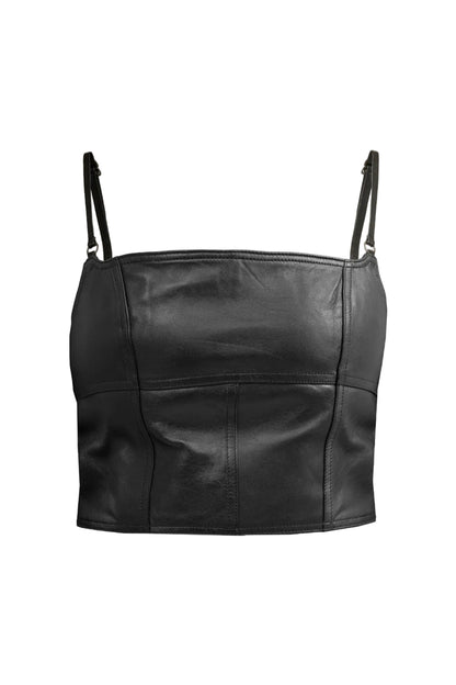 A black faux-leather cropped camisole top with thin shoulder straps, displayed against a light gray background.