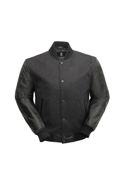 Black leather jacket with a gray background