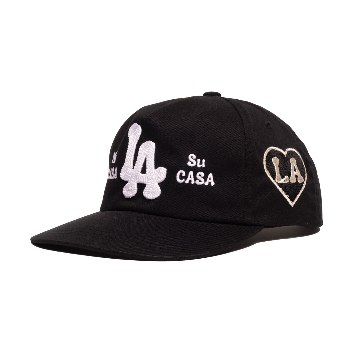 A black baseball cap featuring white embroidered 'LA' lettering, 'Su CASA' text, and a heart-shaped 'LA' patch on the side, set against a plain white background.
