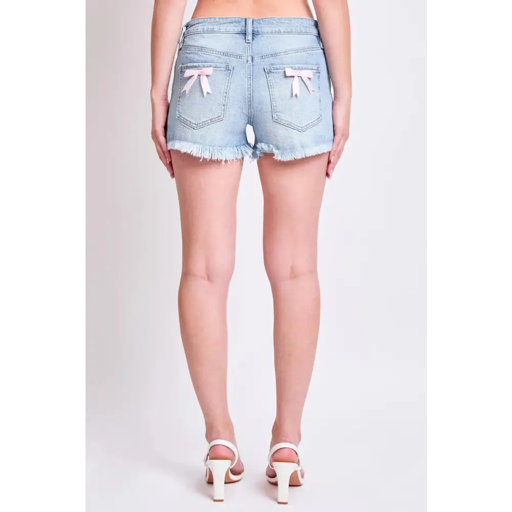 Mid Rise Frey Hem Short with Satin Bow.