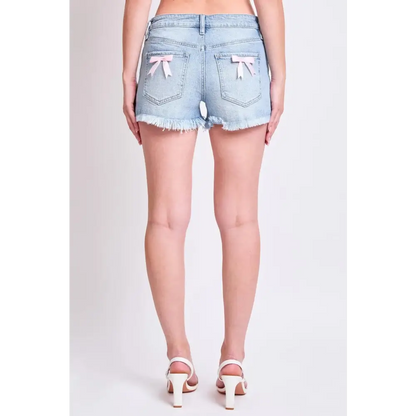 Mid Rise Frey Hem Short with Satin Bow.
