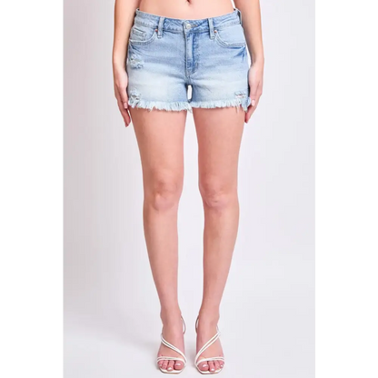 Mid Rise Frey Hem Short with Satin Bow.