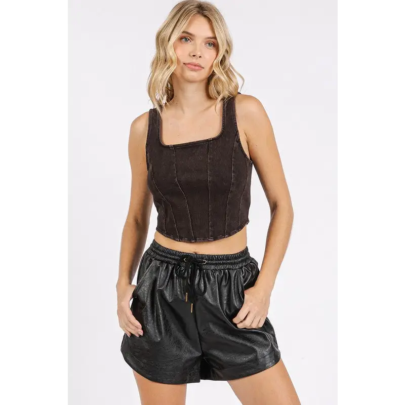 Mineral Wash Corset Crop Stretch Knit Tank.