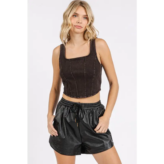 Mineral Wash Corset Crop Stretch Knit Tank.