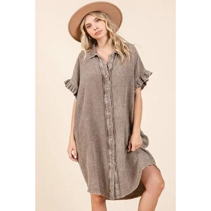 Mineral Wash Cotton Gauze Mini Shirt Dress.