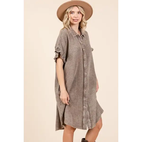 Mineral Wash Cotton Gauze Mini Shirt Dress.