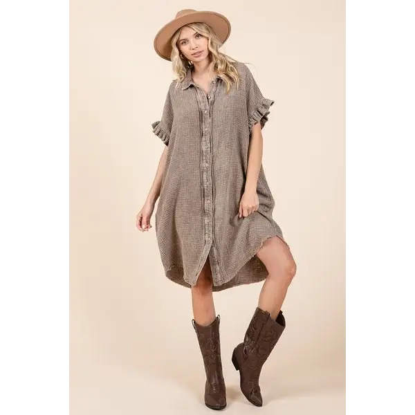 Mineral Wash Cotton Gauze Mini Shirt Dress.