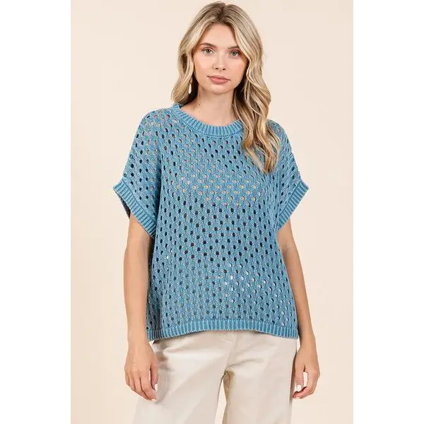 Mineral Wash Openwork Short Sleeve Knit Cover Up.