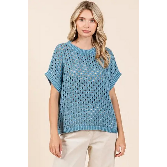 Mineral Wash Openwork Short Sleeve Knit Cover Up.