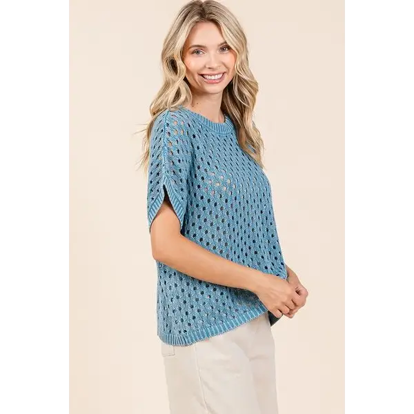 Mineral Wash Openwork Short Sleeve Knit Cover Up.