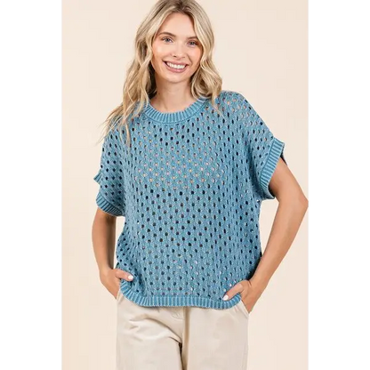 Mineral Wash Openwork Short Sleeve Knit Cover Up.