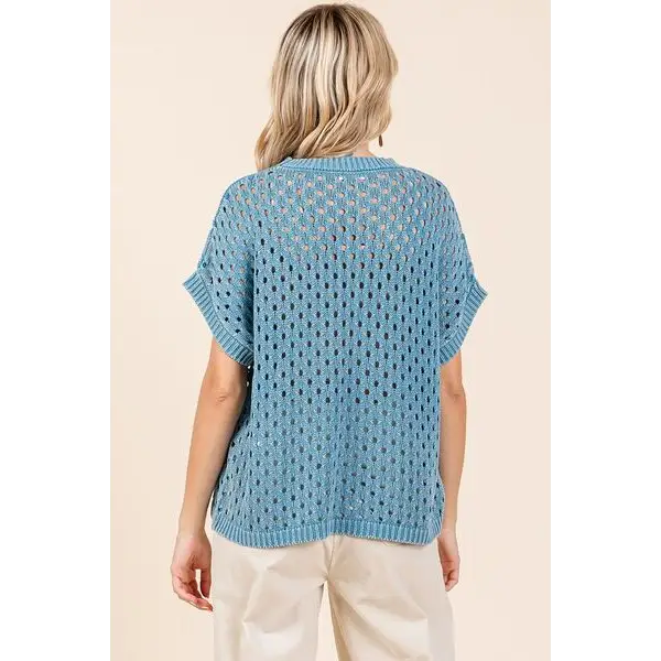 Mineral Wash Openwork Short Sleeve Knit Cover Up.